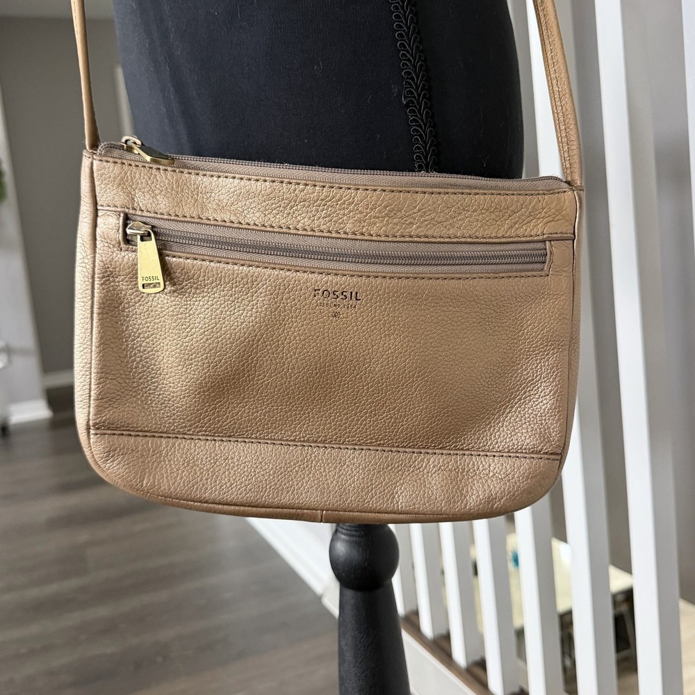 Fossil Metallic Gold Leather Crossbody Bag Small Zip Purse Boho Luxe Y2K Western